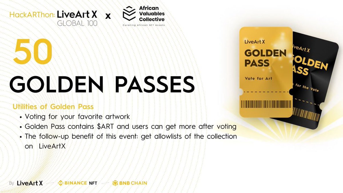 #LiveArtXGlobal100 WL #NFTGiveaway 

Join our partner <a href="/LiveArtX/">LiveArt</a> for the ongoing HackARThon🚀

50 x Golden Pass #NFTs 

To Enter
 1. Follow <a href="/Afri_Valuables/">African Valuables Collective</a> &amp; <a href="/LiveArtX/">LiveArt</a>
 2. RT &amp; Like &amp; Tag Frens
 3. Leave your BSC wallet in the comment for NFT Airdrop

End on 2nd August! #nftpromo