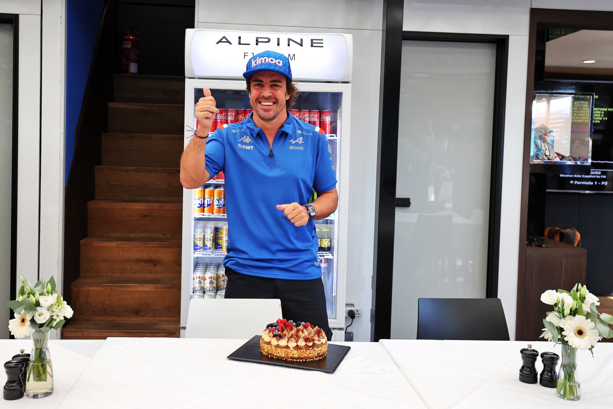 We hope you\re all as happy as Fernando Alonso receiving his birthday cake is. | 