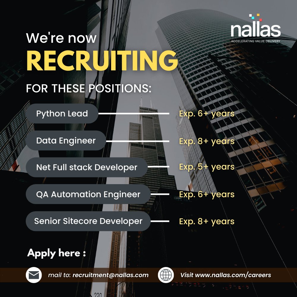 NallasCorp_'s tweet image. We're Hiring Technical Roles
Join Nallas, one of the fastest growing Tech Company
Elevate your career, Visit --> nallas.com/careers
#hiringnow #dataengineer #pythonlead #dotnetdeveloper #fullstackdeveloper #qaautomationengineer #sitecoredeveloper #seniorsitecoredeveloper