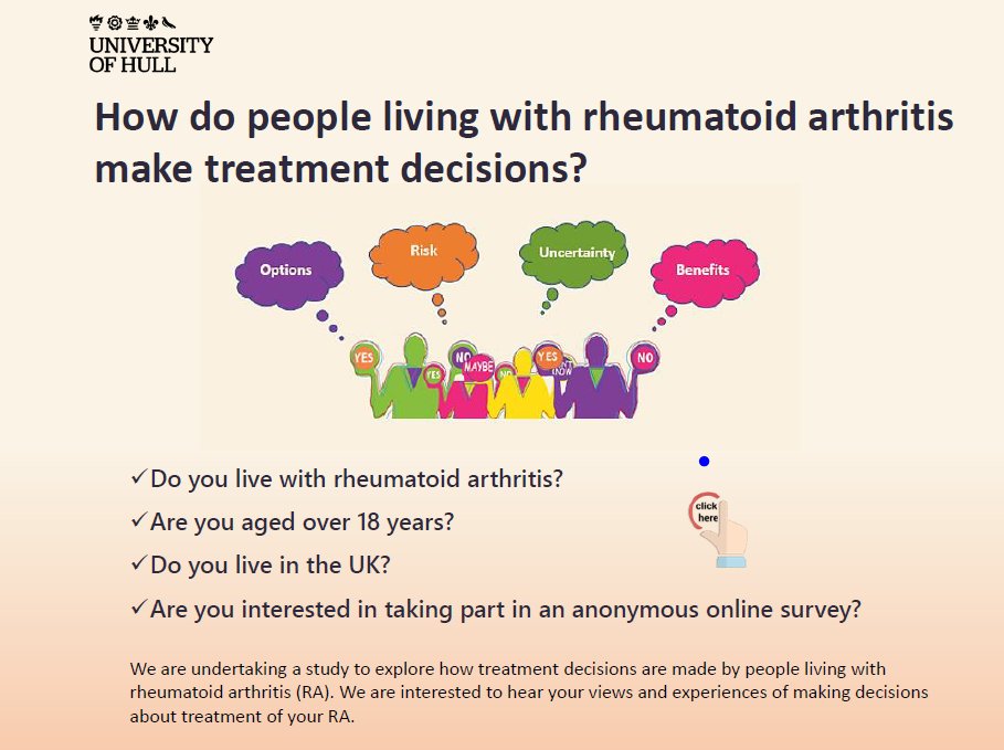 Do you live with #rheumatoidarthritis (RA)? 
Please consider taking part in a study that seeks to understand what shapes treatment decisions for people living with #RA. hull.onlinesurveys.ac.uk/makingtreatmen…
Please retweet
#NRAS #VersusArthritis