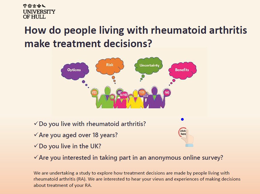 Do you live with #rheumatoidarthritis (RA)? Please consider taking part in a study that seeks to understand what shapes treatment decisions for people living with #RA. hull.onlinesurveys.ac.uk/makingtreatmen… Please retweet #NRAS #VersusArthritis