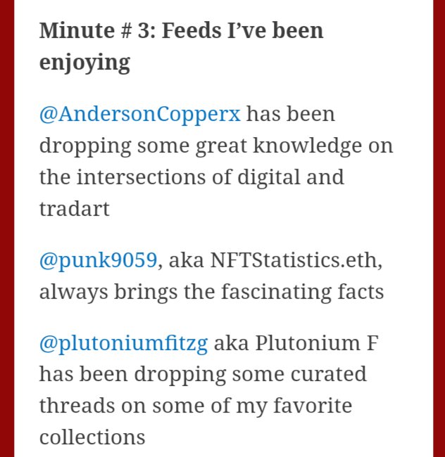 Spot on with the shout outs 👌📢🔥 <a href="/CozomoMedici/">Cozomo de’ Medici</a> big ups to these fellow creators🎉 #nft #nfts 

Tune in via email for #MediciMinutes every Thursday, quick and insightful #NFTCommunity 🧐📧