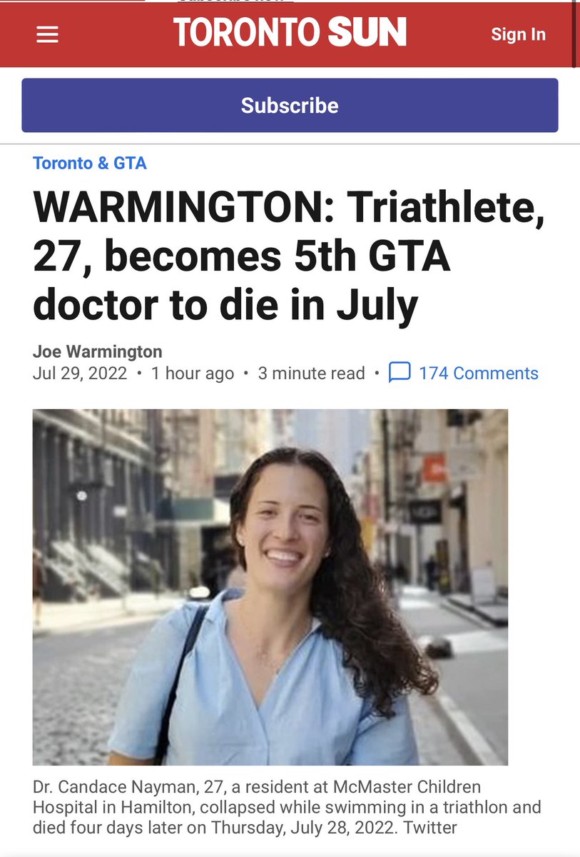 thevivafrei's tweet image. A young, otherwise healthy 27-year-old Toronto doctor dies while competing a triathlon. The 5th doctor in the greater Toronto area to die in July. Nothing to see here. If you dare ask, you’re a conspiracy theorist. Just another case of SADS. Don’t look up. torontosun.com/news/local-new…