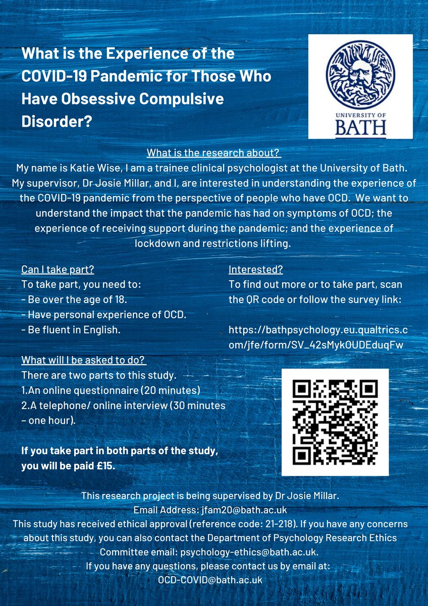 katiewi35428434's tweet photo. I am doing a research study on people with OCD's experience of the pandemic. If interested, please scan the QR code or follow the survey link: https://t.co/154Mhmj7kh
#Covid_19 #OCD #pandemic https://t.co/LOIwofRK2B