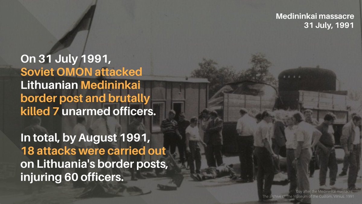LT_MFA_Stratcom's tweet photo. #OTD in 1991, #Soviet OMON attacked a border post in Medininkai, brutally murdering 7 unarmed officers. The desperate and crumbling USSR tried to destabilize Lithuania by assaulting 🇱🇹 border posts. It was one of the bloodiest incidents on #Lithuania's path towards independence. https://t.co/gBzdLCipcg
