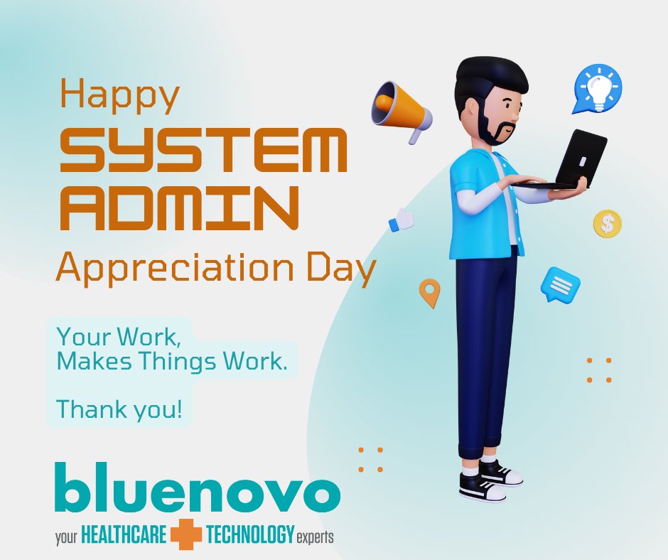 BlueNovo's tweet image. Celebrating #SysAdminDay with a shoutout and a giant THANK YOU. #SystemAdmins do the work that makes thing work. Thank your system administrator today!

#systemadminday #fqhc #mssp