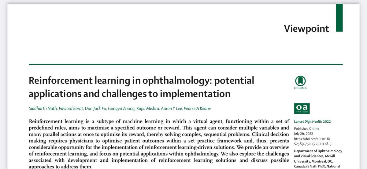 Siddharth Nath (@sid_nath) on Twitter photo Out now in <a href="/LancetDigitalH/">The Lancet Digital Health</a> our work examining the potential for #reinforcementlearning in ophthalmology. RL applications remain understudied yet hold the potential to substantially advance diagnosis and management of ocular disease. A privilege working with this incredible team! Out now in <a href="/LancetDigitalH/">The Lancet Digital Health</a> our work examining the potential for #reinforcementlearning in ophthalmology. RL applications remain understudied yet hold the potential to substantially advance diagnosis and management of ocular disease. A privilege working with this incredible team!