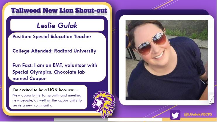 🦁New Lion Shout-out!🦁Welcome Ms. Gulak to the Tallwood Pride! Ms. Gulak will teach Special Education. We are excited to see you ROAR! #ROARwithPride