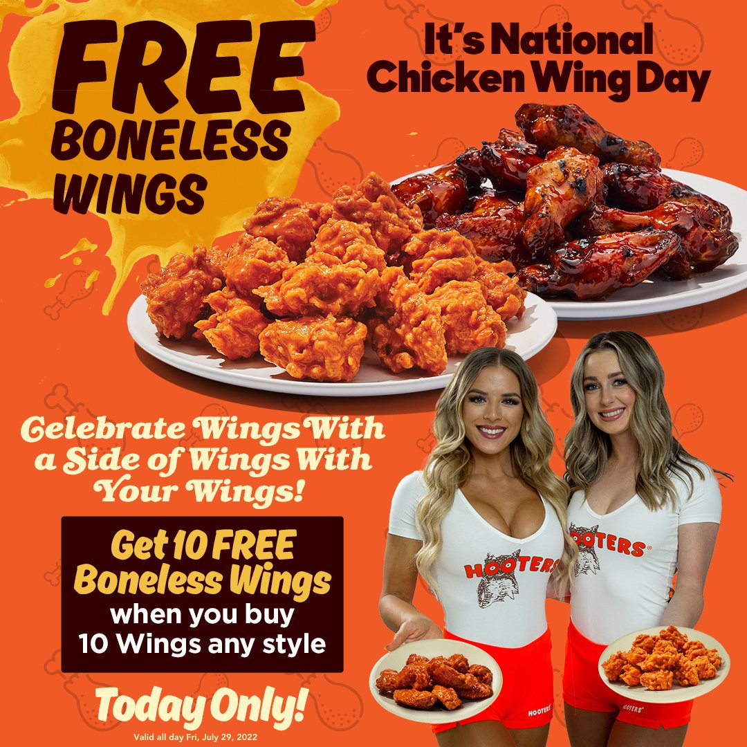 🍗 Celebrate #NationalChickenWingDay at Hooters and get 10 FREE boneless wings when you buy any 10 wings! Valid Friday, July 29, 2022, at any Louisiana location.