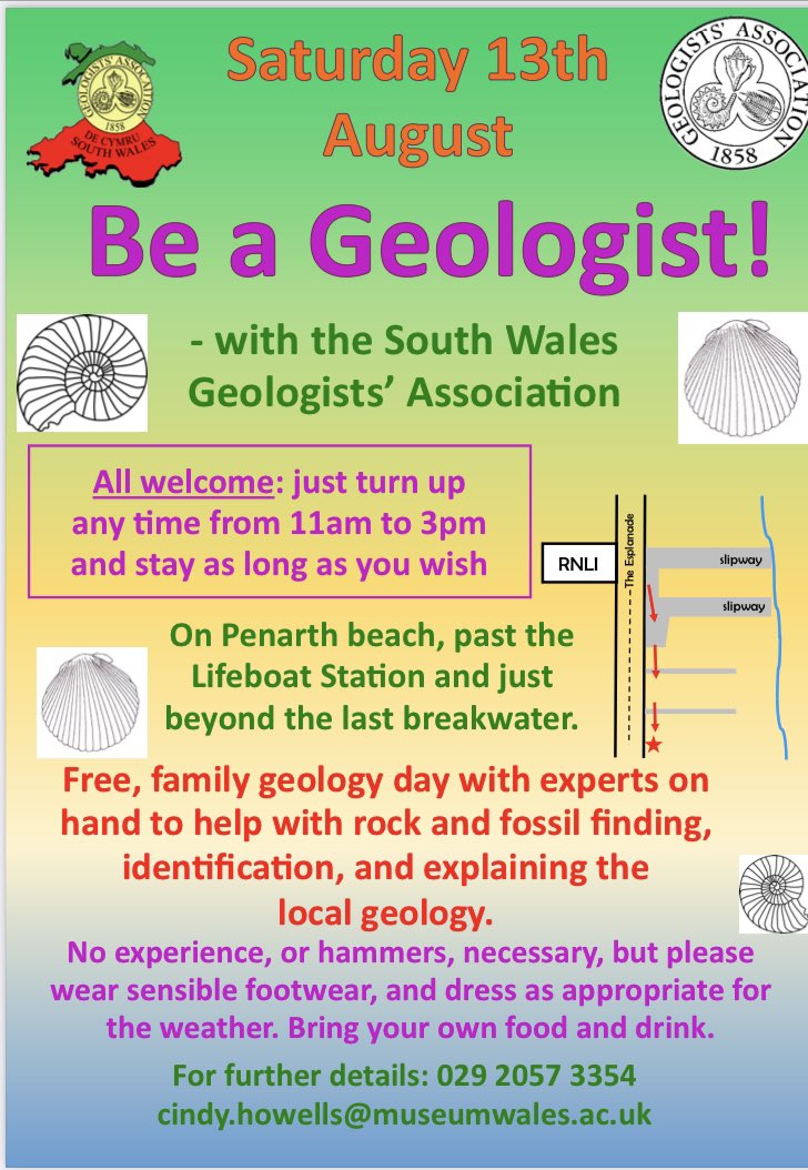 <a href="/SWGeologists/">SWGA</a> are once again holding their family fossil hunting day at Penarth, south Wales, on 13th August, between 11-3. All welcome. No hammers needed. All details on the poster #penarth #penarthfossils