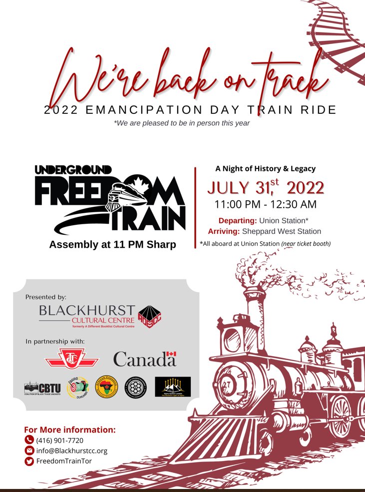 normsworld's tweet image. Mark #EmancipationDay with @ADFRNTBooklist's cultural centre (Blackhurst Community Centre blackhurstcc.org). Featuring an Emancipation Day Train Ride with @FreedomTrainTOR and a march starting at the Centre and ending at Christie Pits! #topoli #UniRose