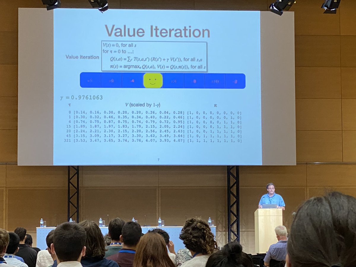 banazir's tweet photo. In addition to being a great researcher, @mlittmancs is a famously superb CS teacher. Here he explains #ValueIteration, #PolicyIteration, #MDP solving, #TheoreticalCS fundamentals, and other technical topics with facility, panache, and his trademark humor. #IJCAI2022 #IJCAIawards https://t.co/09OcgAQHG9