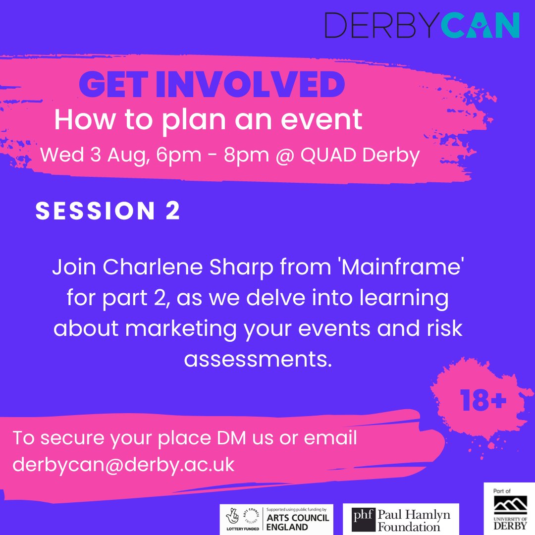 Derby CAN (Creative Arts Network) (@derby_can) on Twitter photo Join us on Wed 3 Aug, 6pm - 8pm for part 2 of our #workshop all about planning events!
This workshop will be focused on Marketing for social media.
Drop us a DM or email derbycan@derby.ac.uk to secure your place.
📍 Quad, Market Place Cathedral Quarter, Derby DE1 3AS Join us on Wed 3 Aug, 6pm - 8pm for part 2 of our #workshop all about planning events!
This workshop will be focused on Marketing for social media.
Drop us a DM or email derbycan@derby.ac.uk to secure your place.
📍 Quad, Market Place Cathedral Quarter, Derby DE1 3AS
