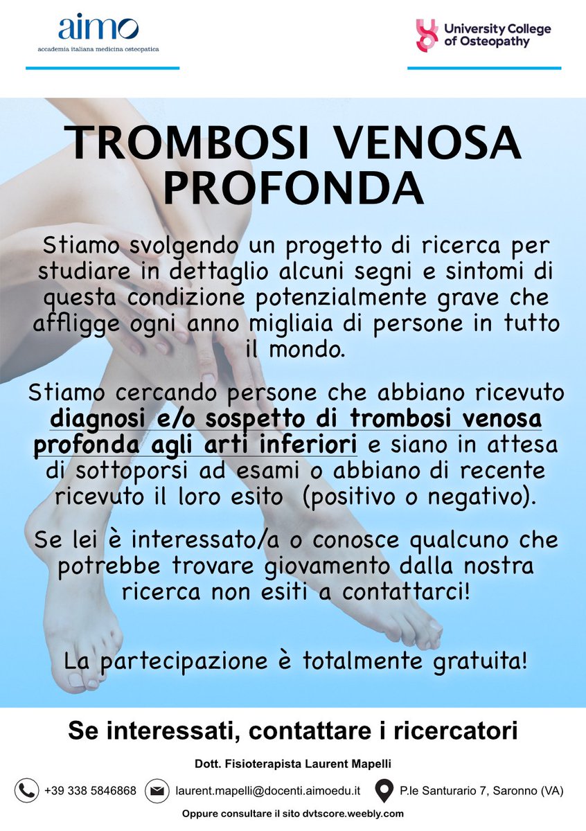 #ricerca su #trombosi #venosa #profonda #TVP per dettagli e informazioni: scrivere al Dott. Fisioterapista Laurent Mapelli alla mail laurent.mapelli@docenti.aimoedu.it o telefonare al +39 338 5846868 oppure consultare il sito dvtscore.weebly.com