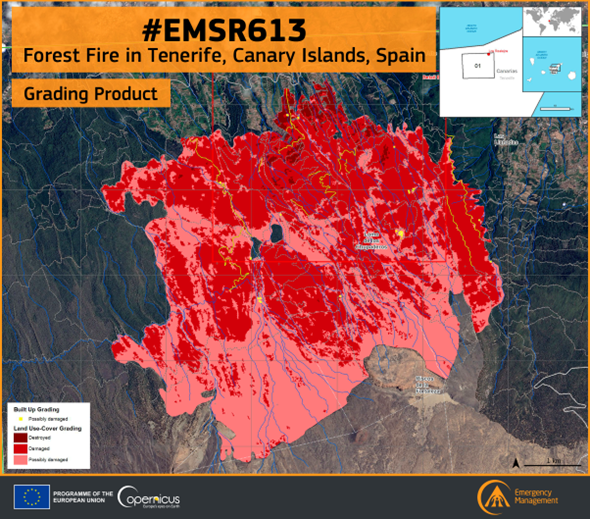 #EMSR613 Forest Fire in #Tenerife, in the #Canarias, in #Spain🇪🇸

Our #RapidMappingTeam has delivered its Grading Product to monitor the impact of #IFLosRealejos #IFTenerife

➡️A total burnt🔥 area of 2,739 ha has been detected
➡️34 buildings affected

🔗emergency.copernicus.eu/EMSR613