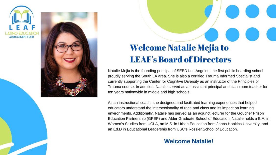 Welcome Natalie Mejia to @LEAFeducacion