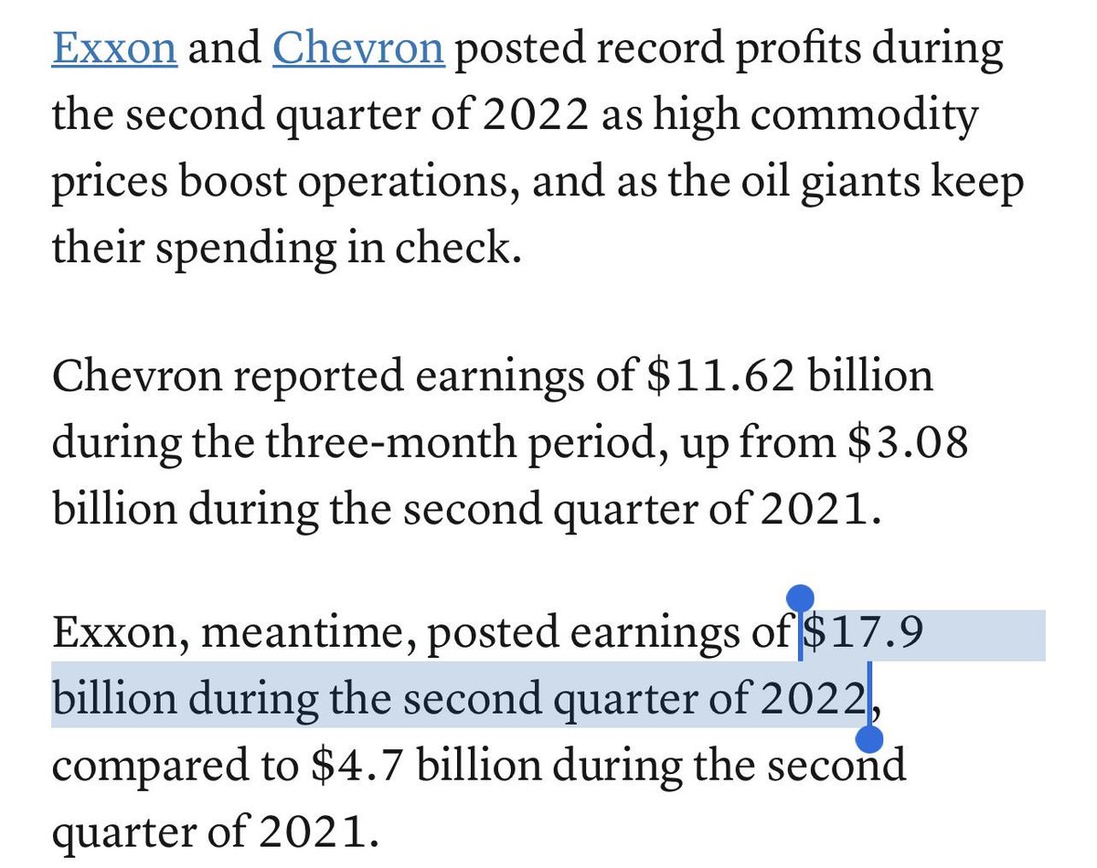 JordanUhl's tweet photo. Chevron &amp; Exxon just had another record quarter. 

Chevron: $11,620,000,000 in profit

Exxon: $17,900,000,000 in profit

This should put to bed any argument that high gas prices are caused by anything other than corporate greed. https://t.co/DnnB4X6NGz