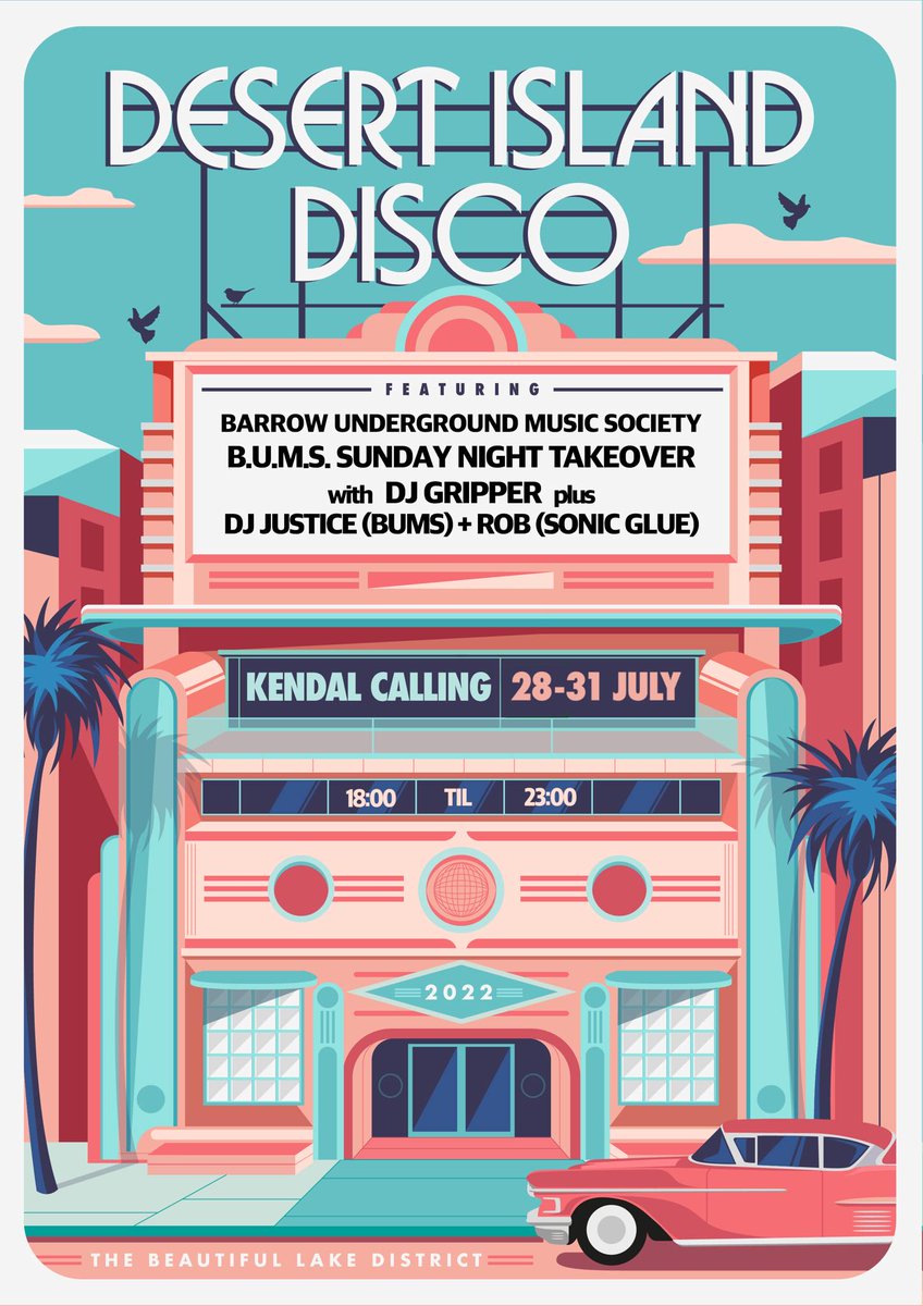 <a href="/KendalCalling/">Kendal Calling 🦌</a> is bouncing with another massive line up Don't miss the <a href="/BarrowBums/">BarrowBUMS</a> takeover of #DesertIslandDisco Sunday evening from 6-11pm featuring <a href="/SonicZooRadio/">Sonic Zoo Radio</a> favourites Sonic Glue <a href="/BarrowBUMS/">BarrowBUMS</a> legend <a href="/Justice_303/">Justin Whitehouse</a> + the originator &amp; bums.live boss <a href="/DJGripper/">DJ Gripper</a>