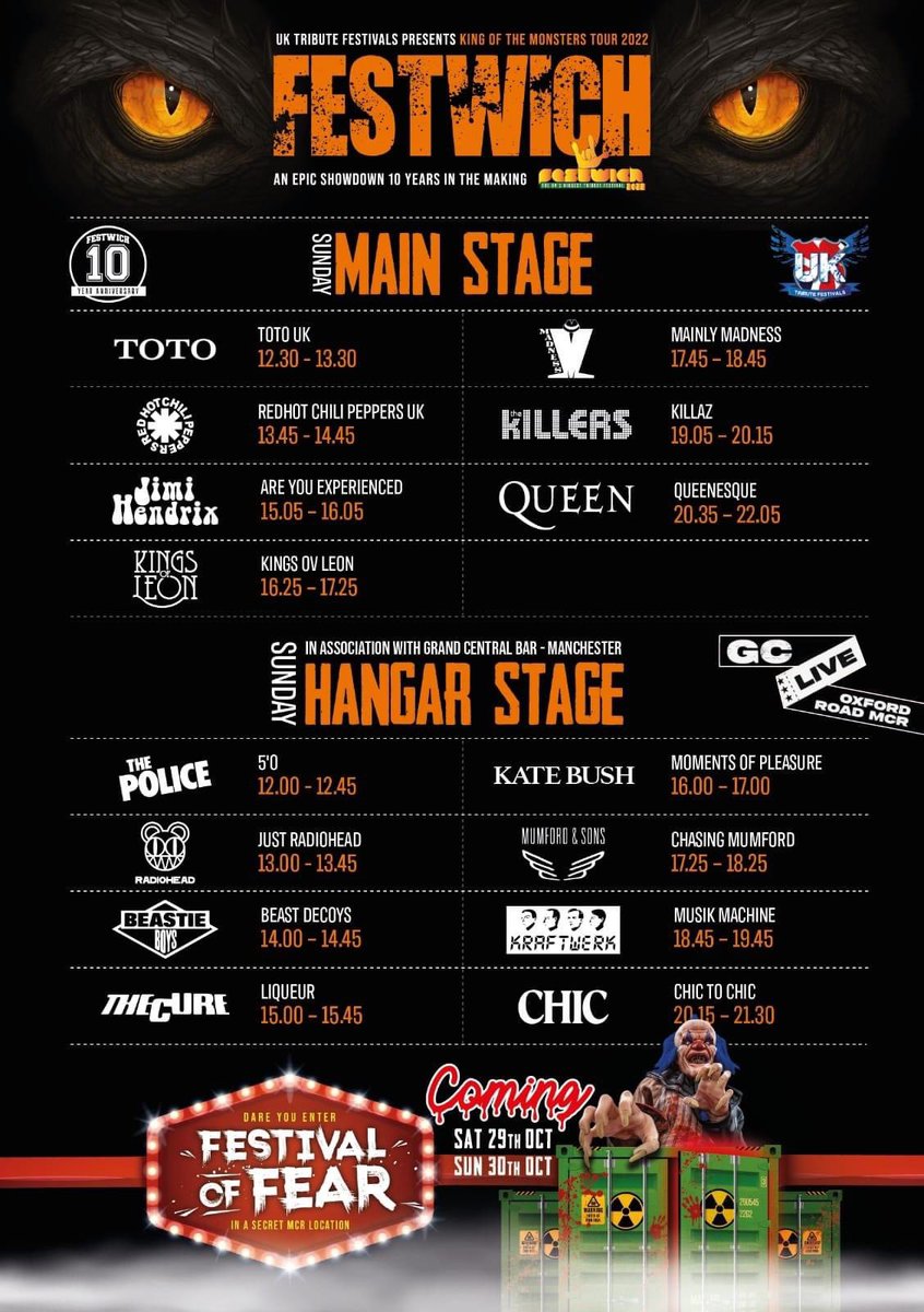 Festwich 10 Yr Anniversary ... Sunday Stage Times..
New additions to the line up... Tribute to TOTO &amp; Mumfords &amp; Sons.
Unfortunately tribute to Muse will not be performing.