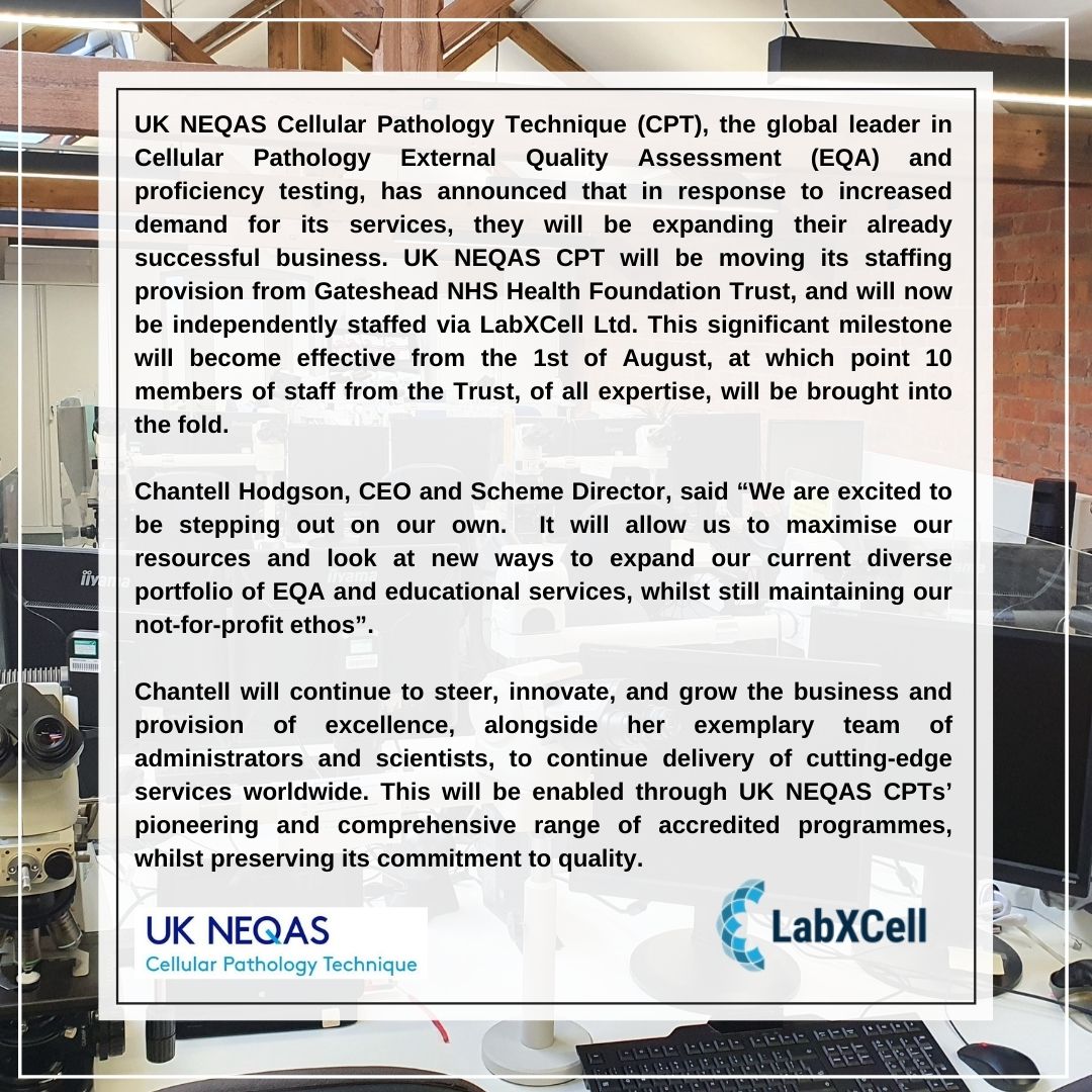 One of our Haylofts clients, <a href="/ukneqascpt/">UK NEQAS CPT</a>, is expanding.

"Front-Runner in proficiency testing achieves new landmark as challenges and necessities in Cellular Pathology spark further demand for growth in External Quality Assessment and Educational Services."

#cellularpathology