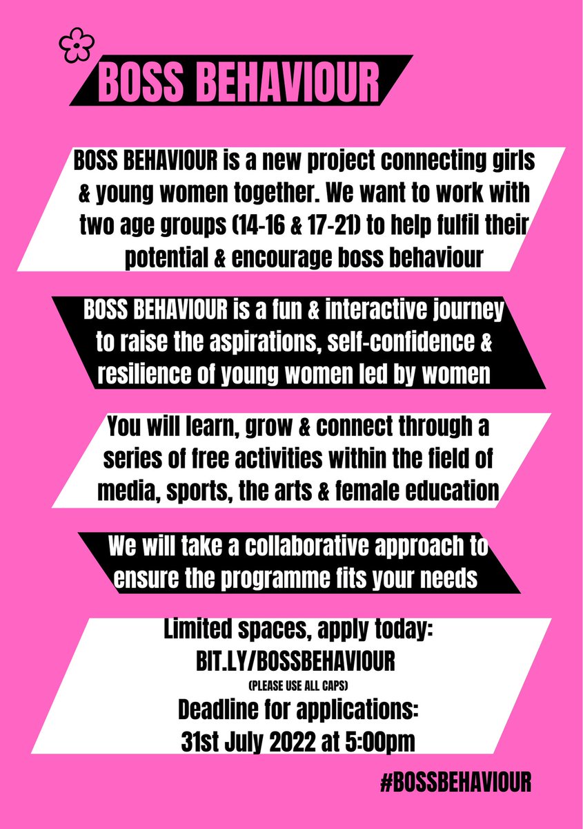 astonmansfield's tweet photo. Boss Behaviour is a new project connecting girls & young women together. Working with two age groups (14-16 & 17-21) to help fulfil their potential & encourage #bossbehaviour
Limited spaces, apply today: https://t.co/MSCIVH5urZ (Deadline 31st July 2022 at 5:00pm) #Newham https://t.co/9l0kykRF8q