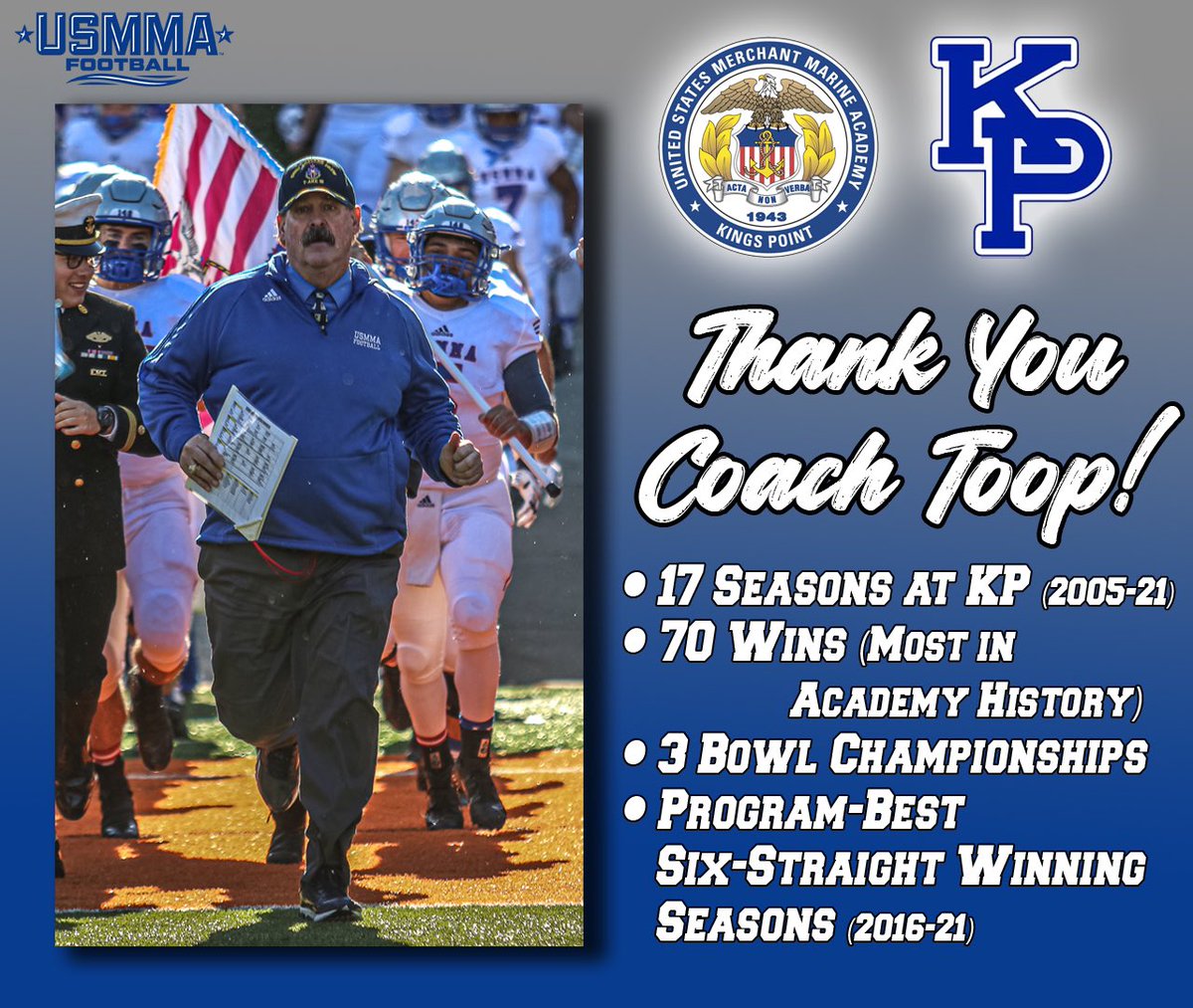 Today is @CoachToop’s last day working at KP. It’s been quite the ride! Thank you for always giving it your all and setting a level of excellence for Kings Pointers new and old both on the field and in the classrooms. You will be missed! Enjoy retirement! #d3fb #OURAcademy