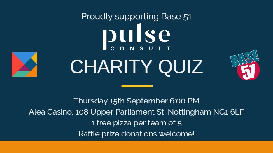 Bookings are open for our annual Pulse Charity Quiz!
This year we are proud to be supporting <a href="/base51/">Base51</a>, who offer aid and counselling to Nottingham’s young people.
Please email mia.esam@pulseconsult.co.uk for a booking form.
#pulsecharityquiz #pulsequiz2022