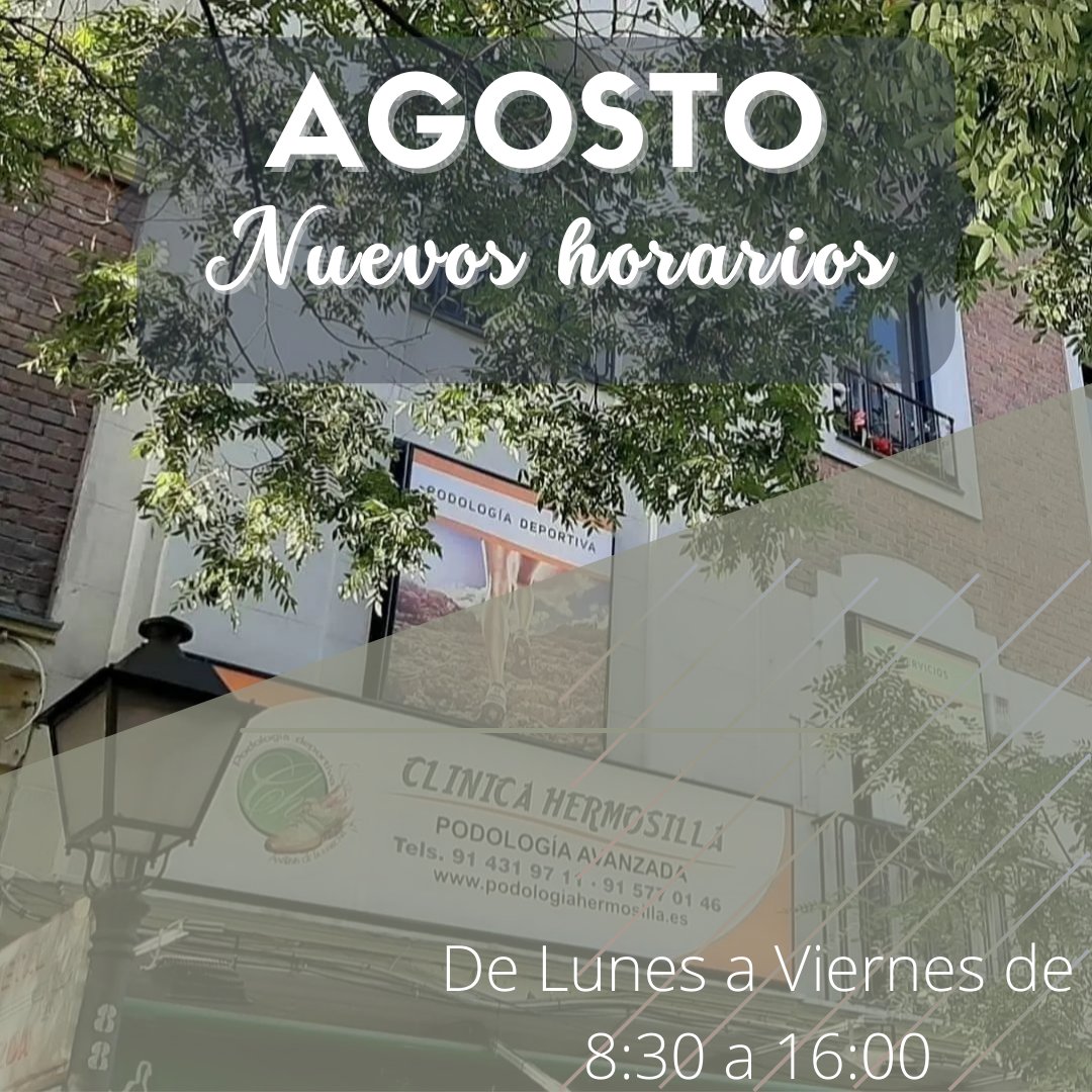 ¡Este mes de agosto Clínica Hermosilla cambia su horario!

Abriremos de forma ininterrumpida de 8:30 a 16:30 durante todo el mes.

Recordad que estamos en la Calle de Hermosilla, N° 84, 1° E (Madrid).
Nuestro teléfono de atención es 914 31 97 11.