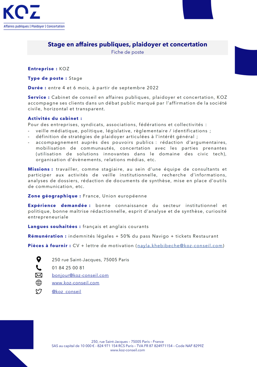 koz_conseil's tweet photo. 🔔 Nous recherchons un-e stagiaire pour septembre 2022 🎢

⤵️

Plus d'informations ici 👉 https://t.co/RFmoOWRupI

🛎️ Lettre de motivation &amp; CV ➡️ nayla.khebibeche@koz-conseil.com

#publicaffairs #plaidoyer #lobbying https://t.co/m63W36YHOC