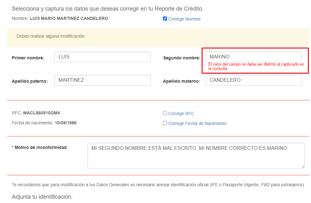 noriam_mx's tweet photo. @BurodeCreditoMX buen día gente de buro de crédito, tengo problemas con una corrección de nombre, su plataforma no me deja hacer la solicitud, me pueden apoyar?, gracias https://t.co/FlUJ2OCdbV
