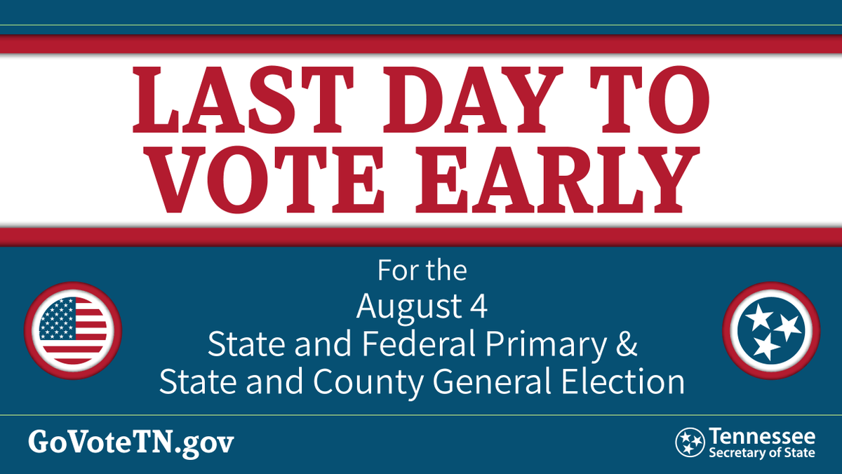tngovr's tweet photo. Today is the FINAL day of early voting for the Aug. 4 State and Federal Primary &amp; State and County General Election. Visit https://t.co/Z40k4pVIVz or download the #GoVoteTN app to know when and where you can vote early! #YourVoteMattersTN https://t.co/Ue14bXmQlo