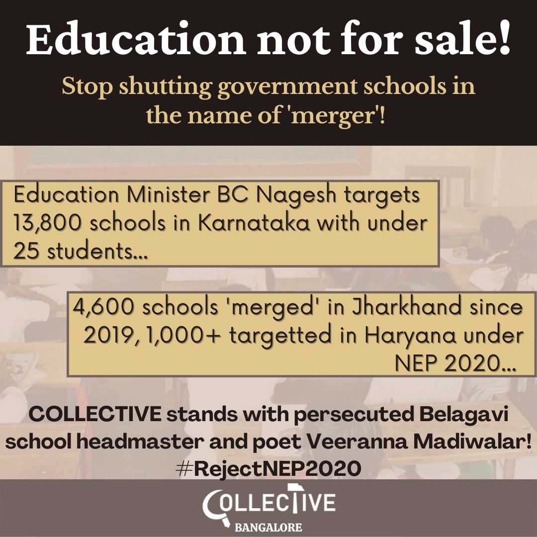 Hands off Karnataka govt schools!

We #RejectNEP2020 logic of 'merging' smaller schools instead of improving teacher ratio, infrastructure spending and school quality.

Stand with schoolteacher Veeranna Madiwalar who is being persecuted for opposing privatization!