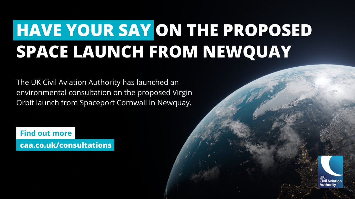 🛰️ The <a href="/UK_CAA/">UK Civil Aviation Authority</a> is calling for people in Cornwall to have their say on the environmental effects of a proposed space launch from Newquay.

Take this short survey to share your views ➡️ bit.ly/3OIEX1l