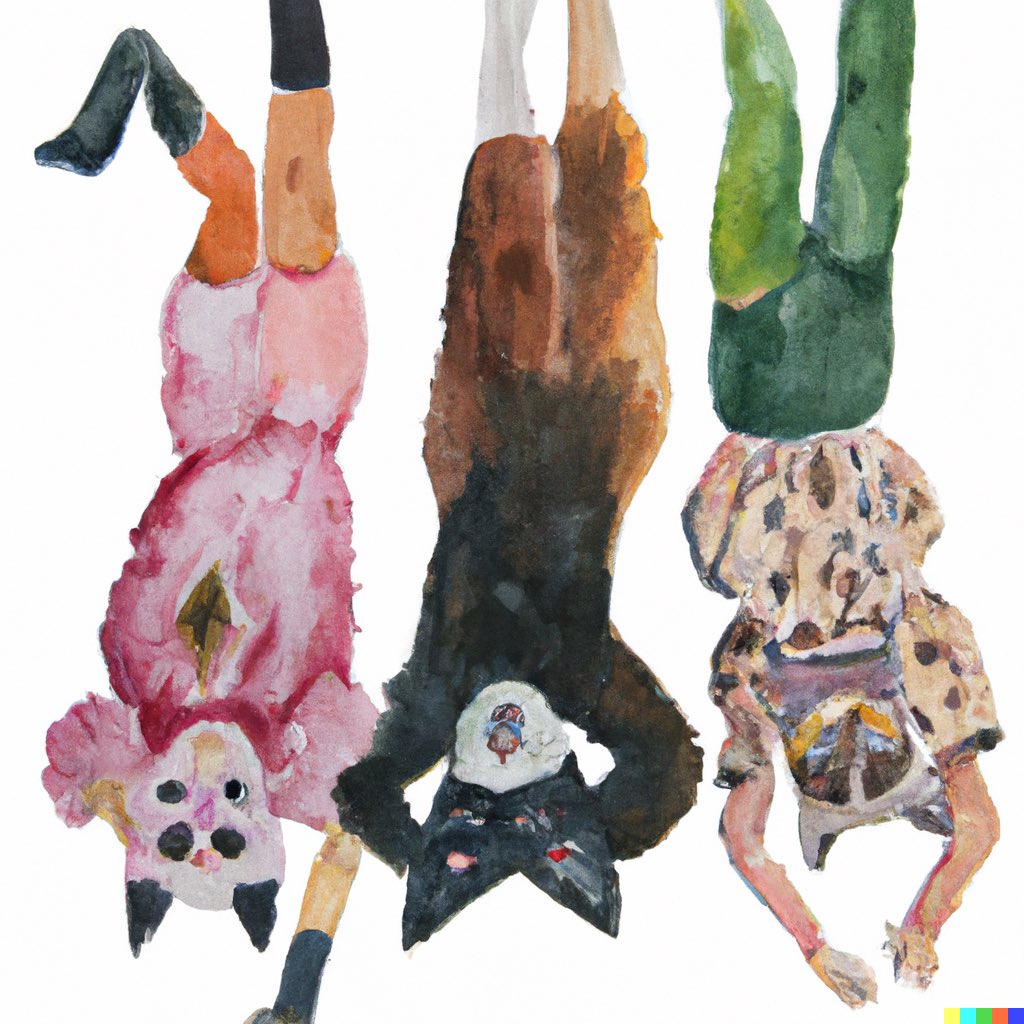 “Watercolour painting of people dressed as cats, upside down”

#dalle