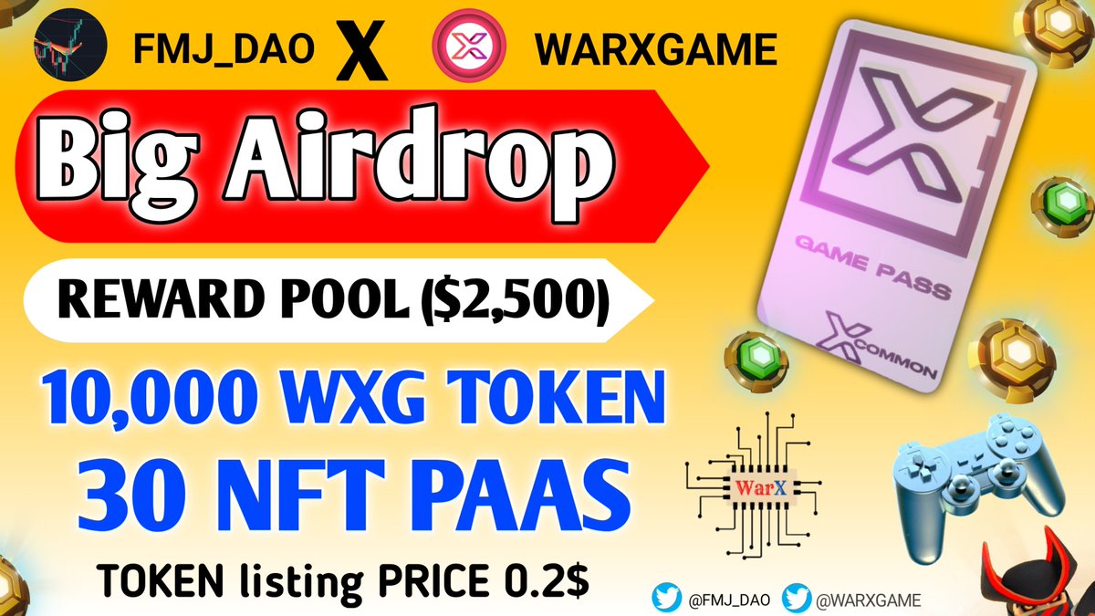 🔥 Big #Airdrops 🔥

🎯 Big Prize Pool:
🎟️ 2,500$ Worth WXG Token Listing Price 170 User
🎟️ 30  #FreeNFT Pass (Already Listed At Opensea 🦁

To Enter:
1️⃣Follow 
@FmJ_Dao
 and 
@WarXgame

2️⃣RT &amp; tag 5 Friends.
3️⃣Finish #Gleam tasks: giv.gg/fmjdaowarxgame

#latest #Airdrops #NFT