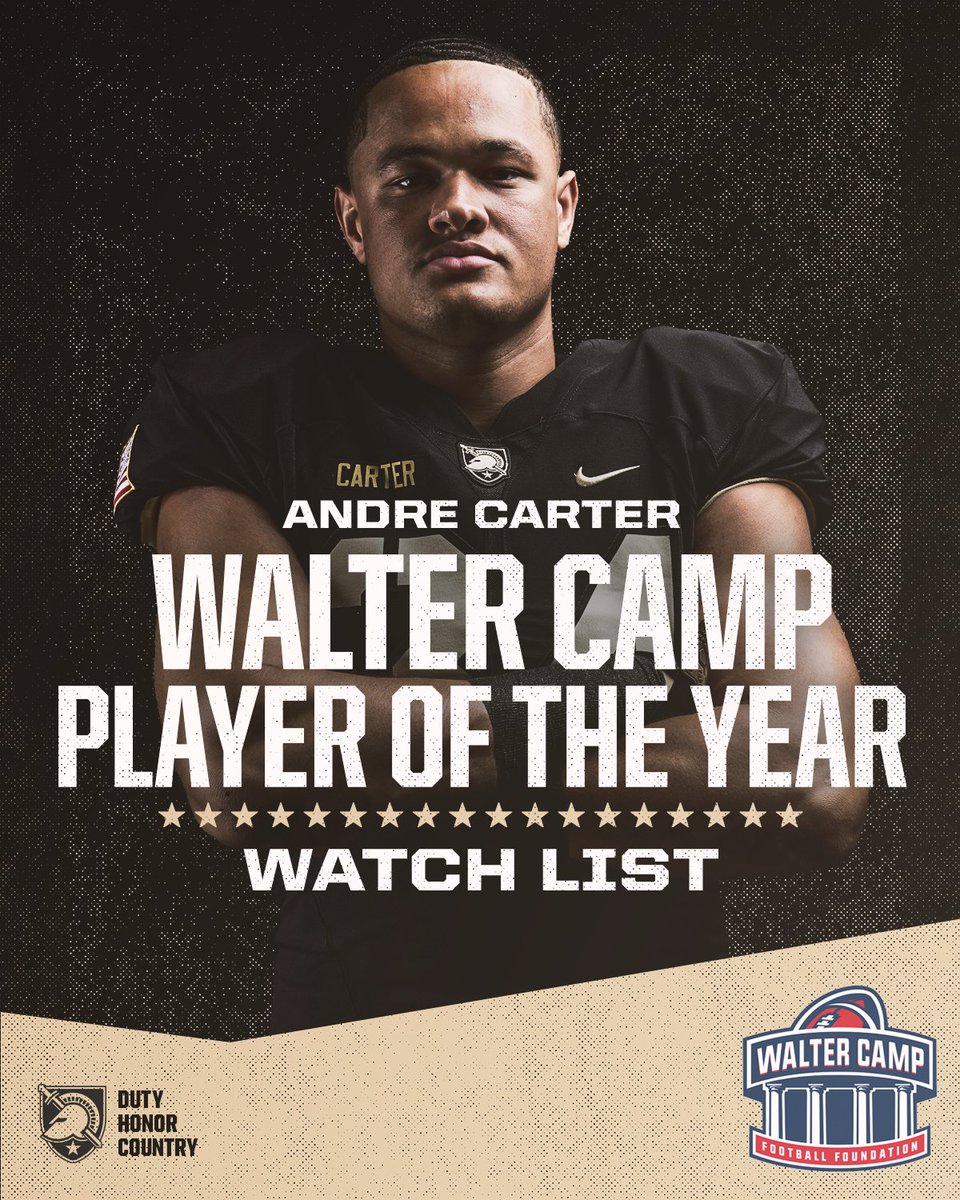 𝗪𝗮𝗹𝘁𝗲𝗿 𝗖𝗮𝗺𝗽 𝗣𝗹𝗮𝘆𝗲𝗿 𝗼𝗳 𝘁𝗵𝗲 𝗬𝗲𝗮𝗿 𝗪𝗮𝘁𝗰𝗵 𝗟𝗶𝘀𝘁 🙌

Andre Carter is one of 52 student-athletes and among eight defensive players to land on preseason list for one of college football's biggest honors. 

#GoArmy