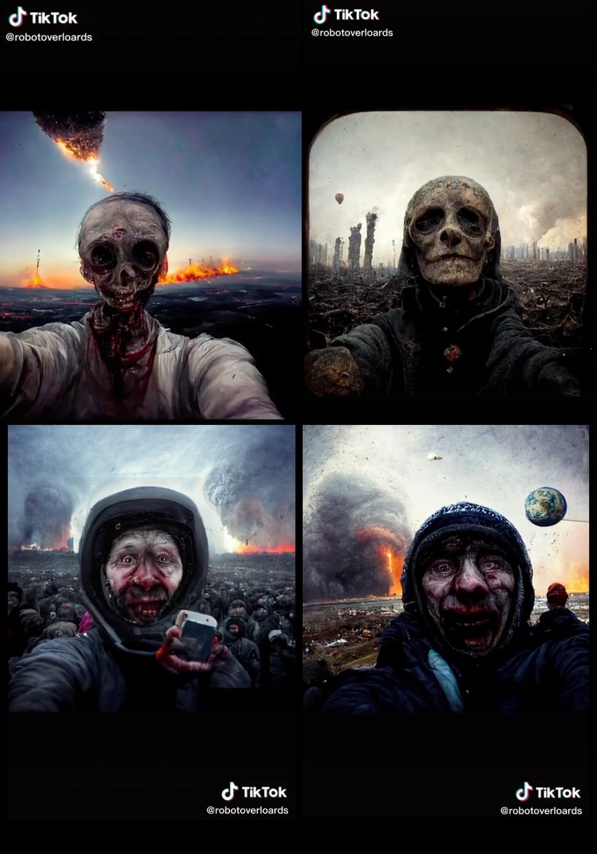 برنامج اسمه DALL-E 2 يعمل بالذكاء الاصطناعي يقوم بتوليد الصور وضعوا فيه معلومات كبيرة وسألوه عن شكل آخر سيلفي سيتم التقاطه على الكرة الأرضية فكانت النتيجة مرعبة، الصور التي أظهرها كانت عبارة عن أشخاص على وشك الموت وخلفهم كل شي مدمر بسبب ما يبدو أنها حرب أو كارثة كونية.