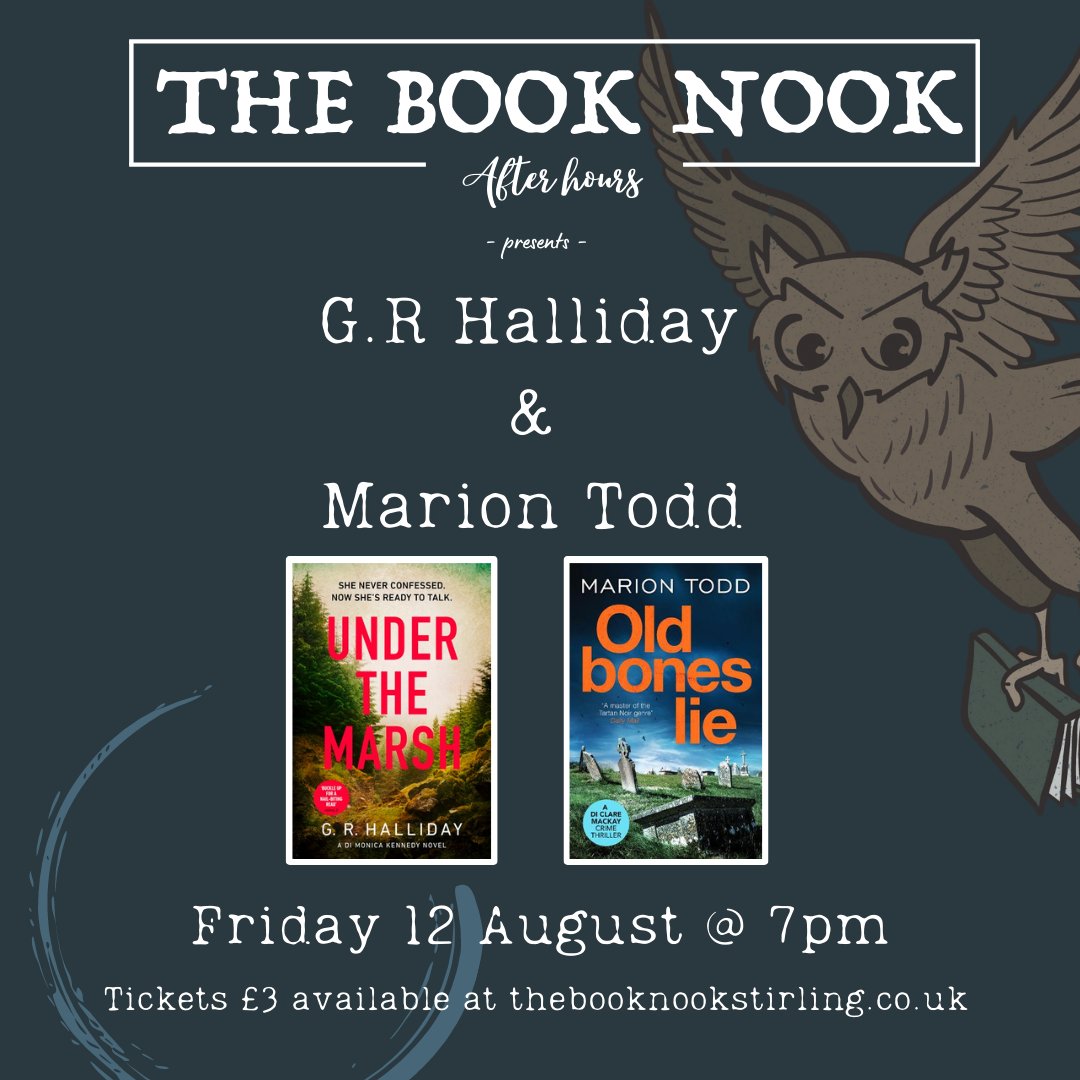 Tickets for our exciting next event with @gr_halliday and @MarionETodd are available now at thebooknookstirling.co.uk/events!

Sure to be a fascinating evening with two incredible voices in Scottish Crime fiction. 📚