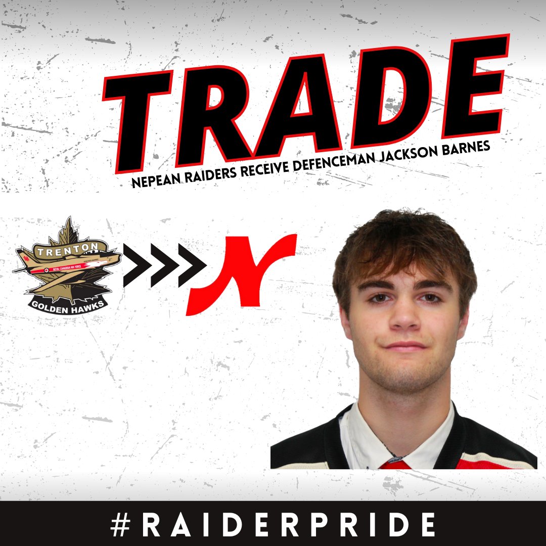 Nepeanraiders's tweet photo. We have a trade to announce. Recently, we traded for 04 Jackson Barnes from Trenton Golden Hawks. We are excited to have Jackson in our lineup this season. Welcome to the Raiders. #brightfuture https://t.co/rbzE6DMQbx