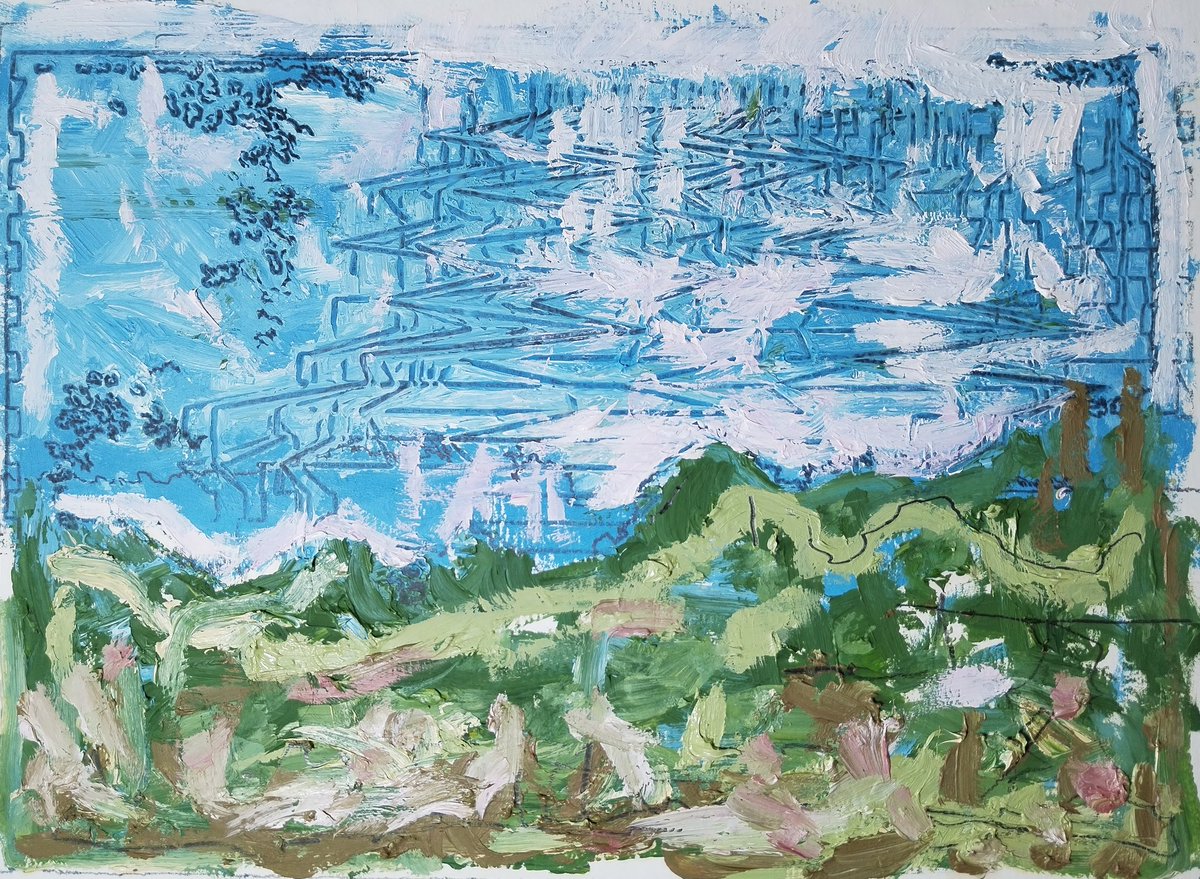 Now available "Sky and clouds" as part of the <a href="/nftgrdn/">NFTGRDN</a> exhibition 
1/1

AI landscape painted in a XY drawing plotter in oil, graphite and ink / cotton paper. 20 x 27.5 cm Physical painting with shipping included.
#nft #objkt #tezos