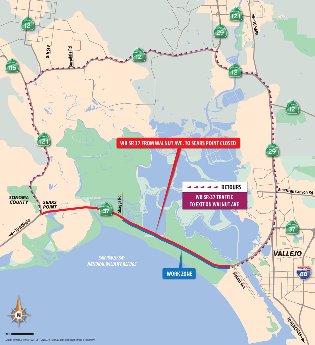 #TrafficAdvisory: Beginning 8/14, WB SR-37 between Walnut Ave. in Vallejo and SR-121 in Sonoma, will be closed for 5 consecutive nights from 8 PM to 4 AM. Road rehabilitation work will conclude by Friday, 8/19 @ 4 AM. EB SR-37 will remain open. View the recommended detour below.