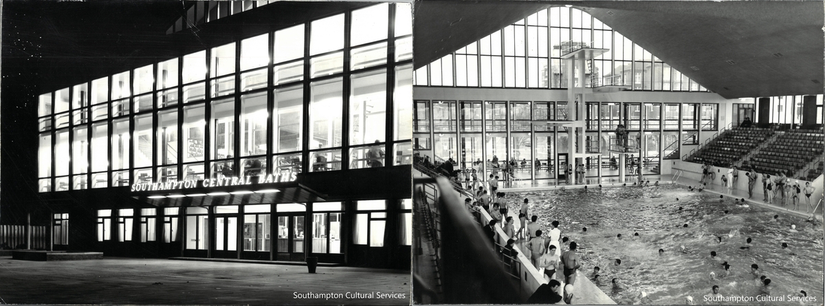 #Southampton Central Baths were opened in 1962 by then-mayor Gladys Barker. The pictures show the outside of the pool at night and the indoor pool #SotonAfterDark #Swimming #1960s