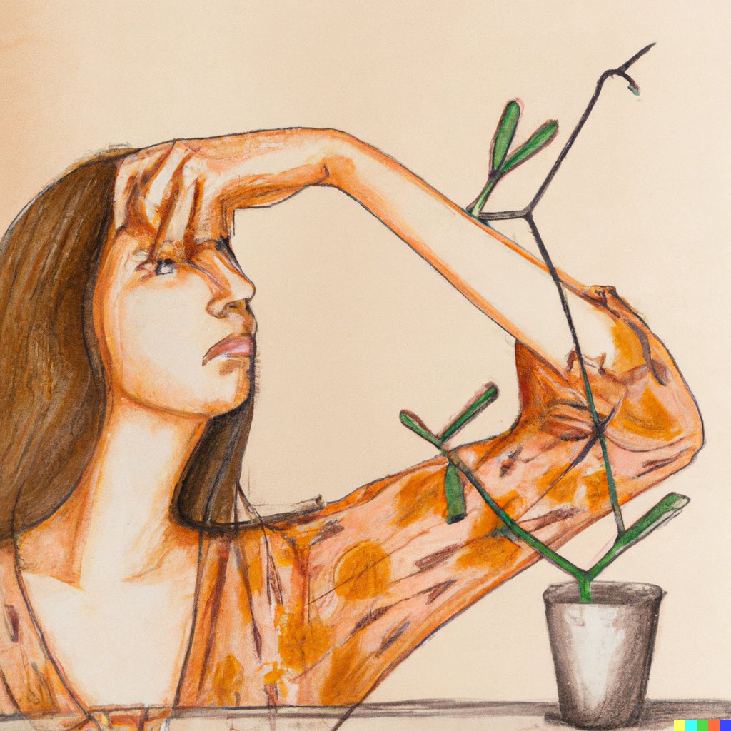 Plant is wilting. 

Google says “plant could be overwatered, underwatered, too much sun, not enough sun”  #dalle