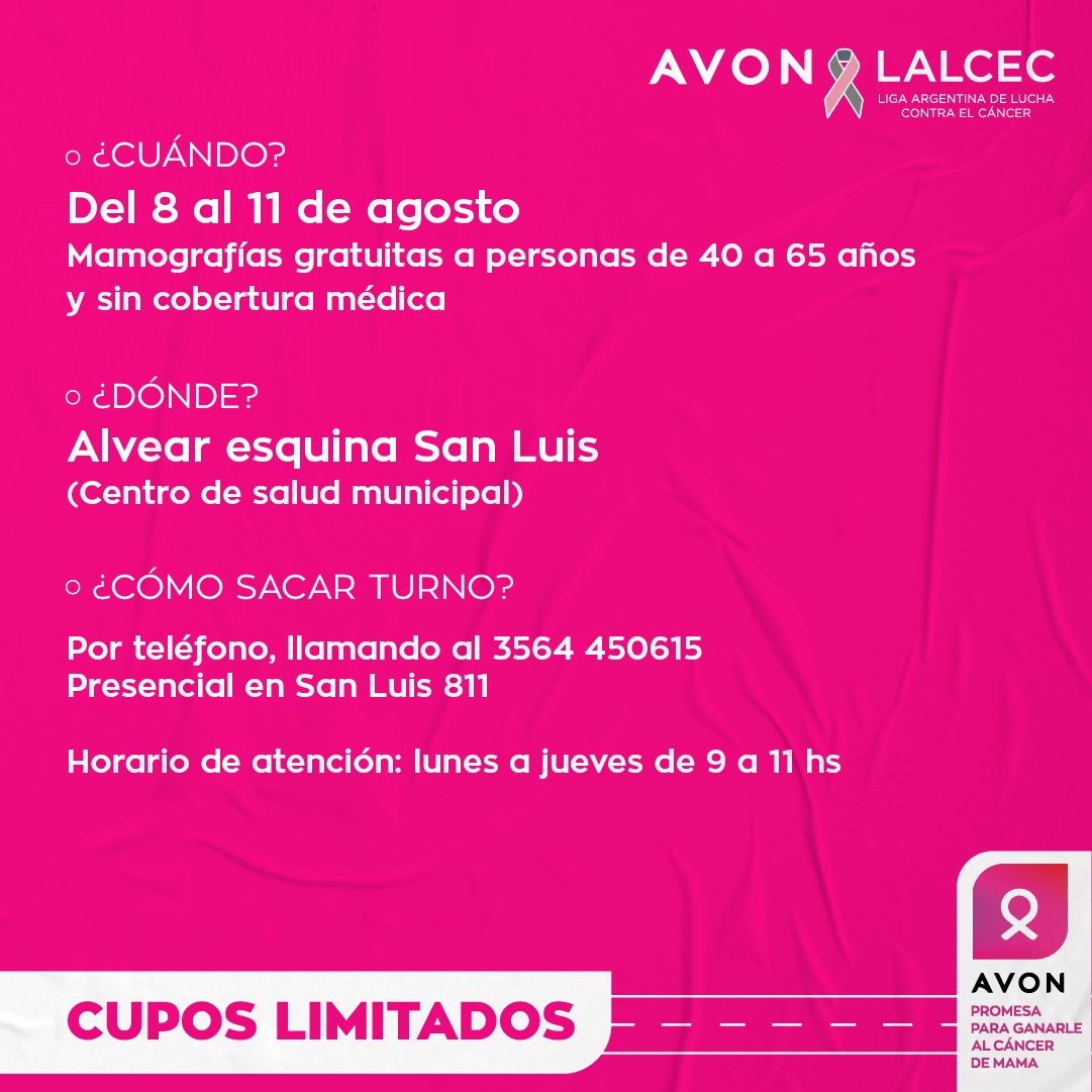 Fundación Avon Argentina (@fundacionavon) on Twitter photo ¡Llegamos a Porteña, Córdoba!
👆🏽 Entre el 8 y el 11 de agosto te esperamos en Alvear esquina San Luis (Centro de Salud Municipal)
📞 Comunicate al 3564 450615.
🏃🏽♀️ Acercate a San Luis 811.
👉🏽 En ambos casos los días lunes a jueves de 9 a 11 h.
<a href="/AvonArg/">AVON Argentina</a>
@lalcecargentina ¡Llegamos a Porteña, Córdoba!
👆🏽 Entre el 8 y el 11 de agosto te esperamos en Alvear esquina San Luis (Centro de Salud Municipal)
📞 Comunicate al 3564 450615.
🏃🏽♀️ Acercate a San Luis 811.
👉🏽 En ambos casos los días lunes a jueves de 9 a 11 h.
<a href="/AvonArg/">AVON Argentina</a>
@lalcecargentina