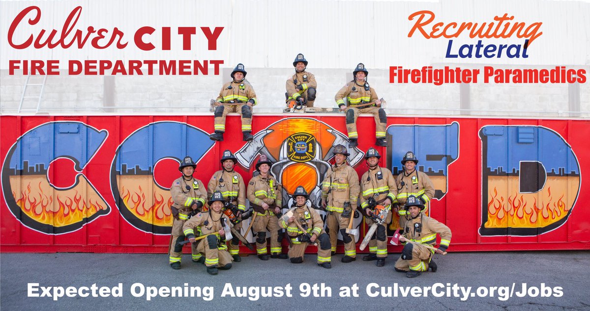 🚨 Save the Date! Culver City is hiring Lateral Firefighter / Paramedics!! 

Expected opening date August 9th.  

Subscribe to new job alerts @ CulverCity.org/Jobs

More details to be released at a later date.  #FirefighterJobs #CulverCity #FireCareers