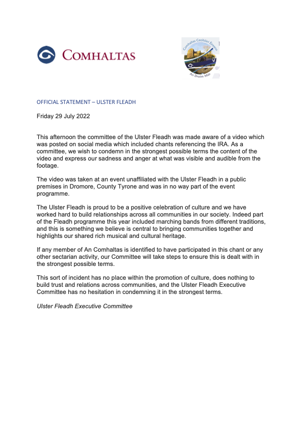 OFFICIAL STATEMENT - ULSTER FLEADH