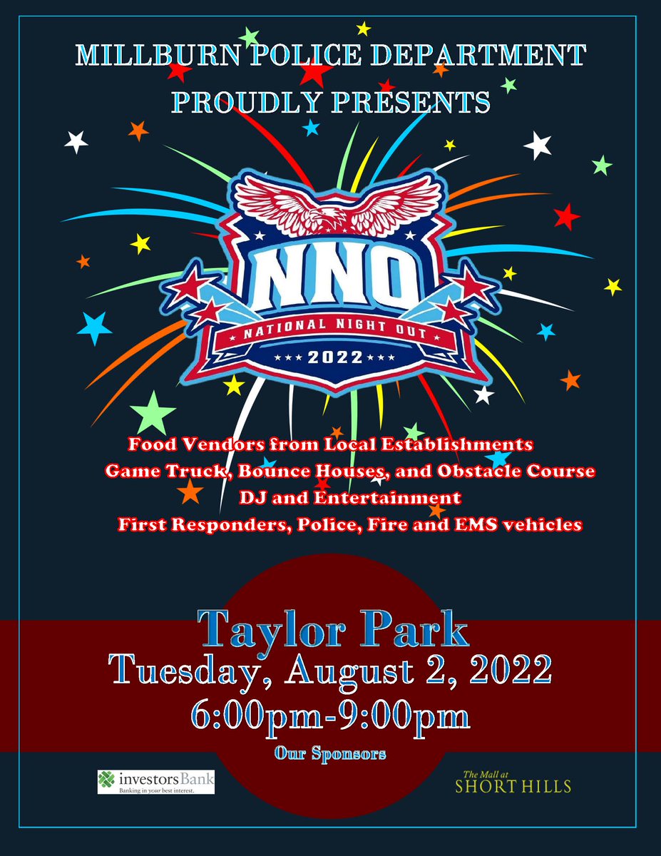 millburntwp's tweet photo. Reminder! This year's National Night Out is happening on Tuesday, August 2 at 6:00 p.m. in Taylor Park. Be sure to join us! https://t.co/gGp7D5kt6N