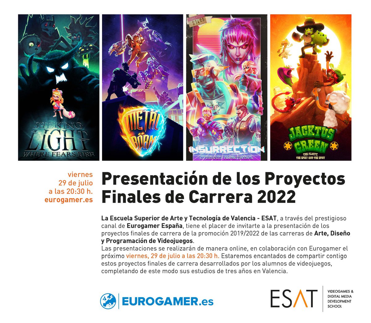 ¿Quieres trabajar desarrollando videojuegos? 🎮🎮🎮
Nuestros alumnos ya lo hacen …
Ellos te lo cuentan en …<a href="/Eurogamer_es/">Eurogamer.es</a> 
Conéctate 🔥
youtu.be/eE2zv2oXfrs
<a href="/ESAT_Valencia/">ESAT</a> 
<a href="/MetalBorn/">Metal Born</a> 🎸
<a href="/_SeekingLight_/">Seeking Light ☀️</a>☀️ <a href="/JacktusGreen/">Jacktus Green - Now on Steam!</a> 🌵 <a href="/Insurrection_CA/">Insurrection: Cyborgs Awakening</a> 👊