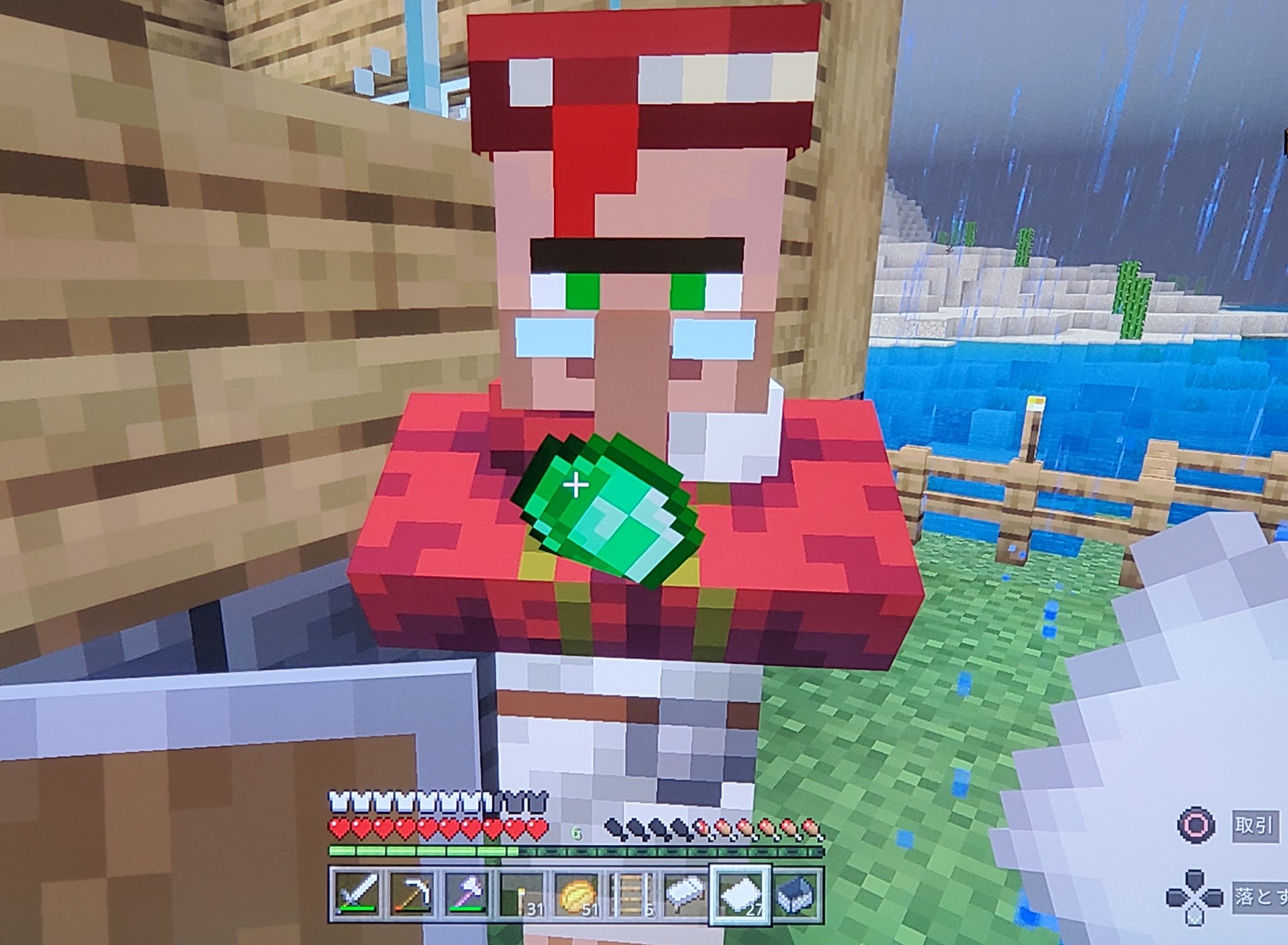 コロコロ マイクラ72日目 ついに村完成 早速村人さんにお越しいただきました 一人目は司祭さん 二人目は農民さんに来て頂いてってあれ 司書さんに変わってる 書見台を置いてたからかな 来てほしかったので嬉しい 暫くすると村人少し