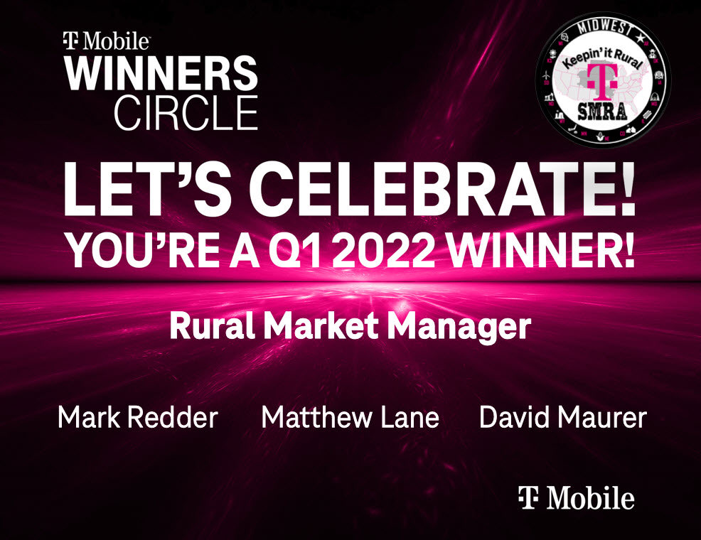 Huge congrats to the SMRA Midwest Q1 Winners Circle winners! We have a lot to be proud of in the Midwest this year and these members of the team have performed at the top, for the entire quarter! Congratulations to all the winners and thank you for all you do for T-Mobile!